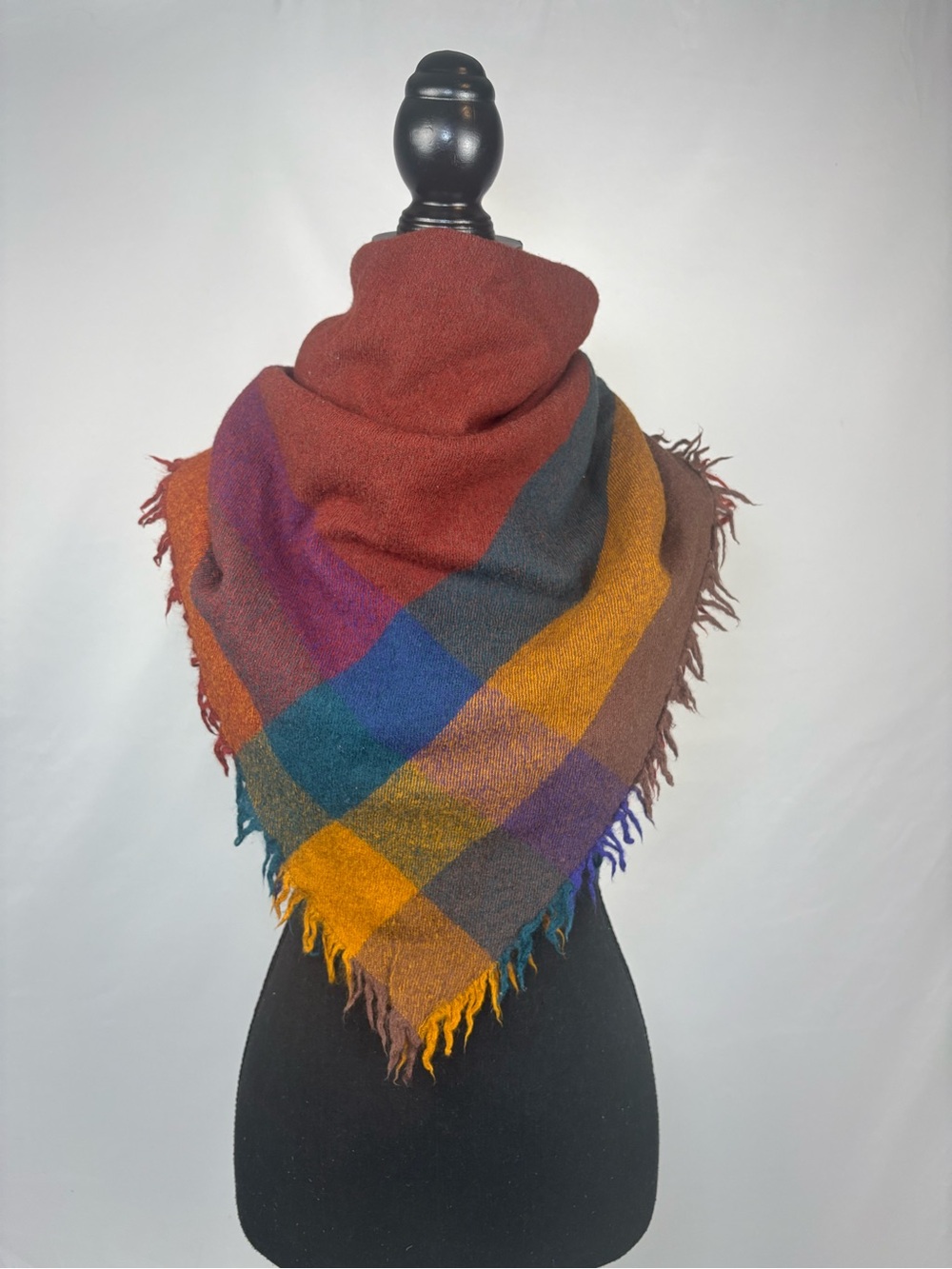 Plaid Scarf Warm Plaid Triangle Scarf - Rust, Mustard, Teal, Purple & Brown